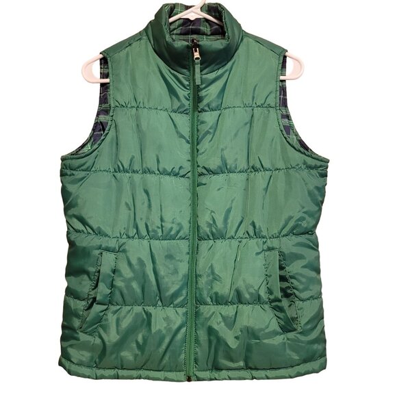 Merona Women's Size Medium Reversible Puffer Vest Green Blue Plaid Holiday Zip - Picture 2 of 9